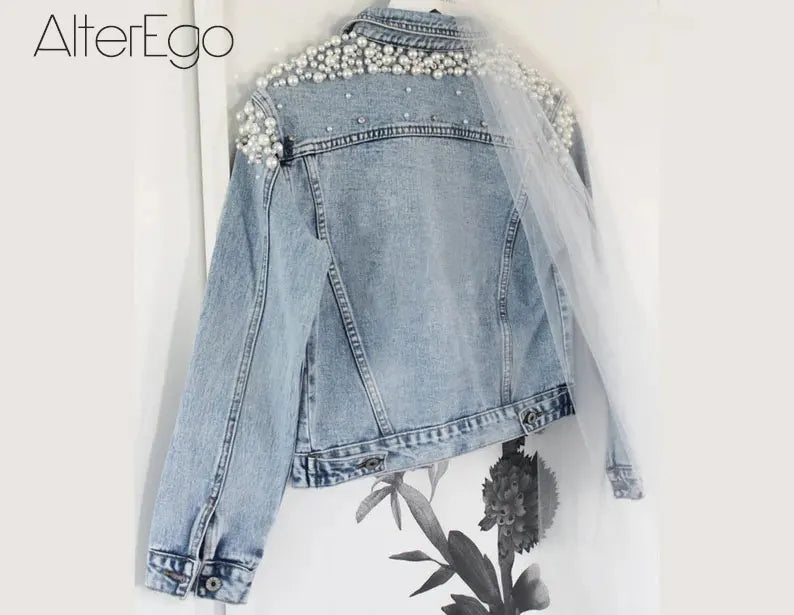 Luxury Pearl Denim Jacket for Brides – Solid Bridal Jean Coat with Pearls, Wedding Outerwear for Women