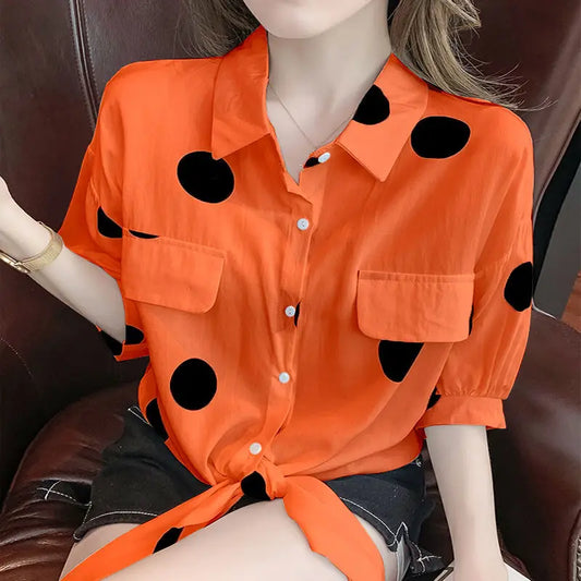 2025 Women's Summer Polka Dot Blouse – Oversized Loose Fit, Lapel Collar, Bow Tie Bandage, Half Sleeve Korean Style Shirt