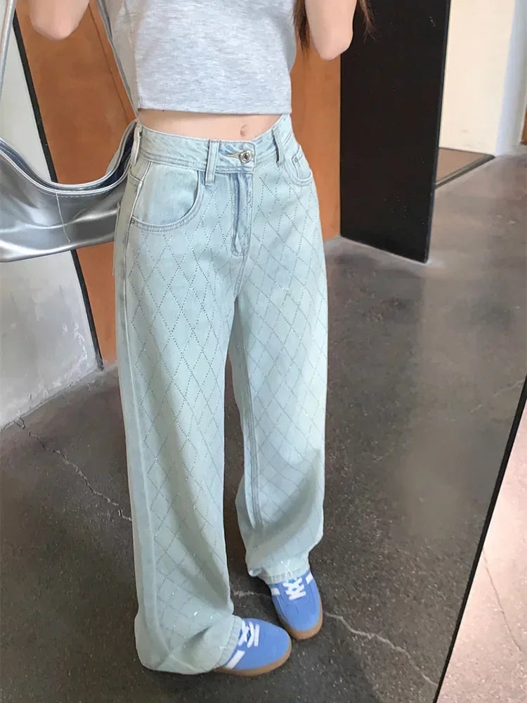Women's Vintage Y2K Blue Plaid Baggy Jeans – Harajuku Aesthetic Cowboy Denim Pants, 2000s Japanese Streetwear Style