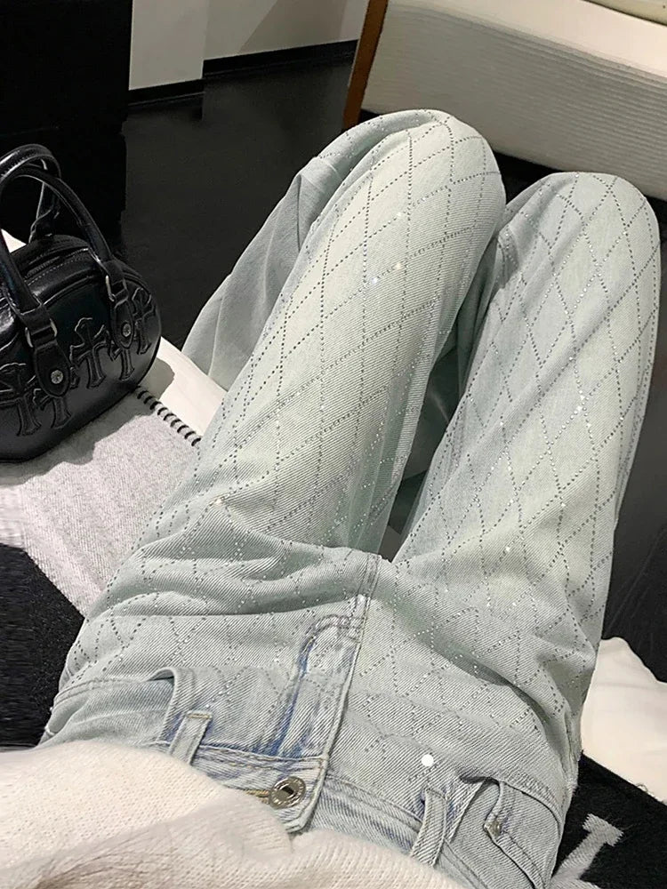 Women's Vintage Y2K Blue Plaid Baggy Jeans – Harajuku Aesthetic Cowboy Denim Pants, 2000s Japanese Streetwear Style