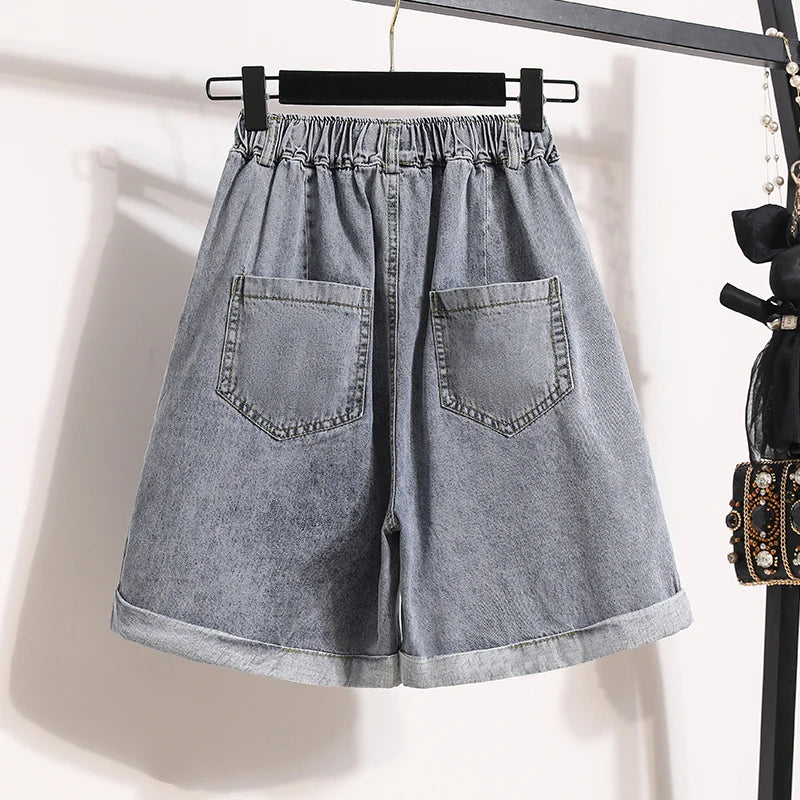 2024 Summer Plus Size Denim Shorts for Women – High Elastic Waist, Crimped Hem, Wide-Leg Loose Fit Streetwear