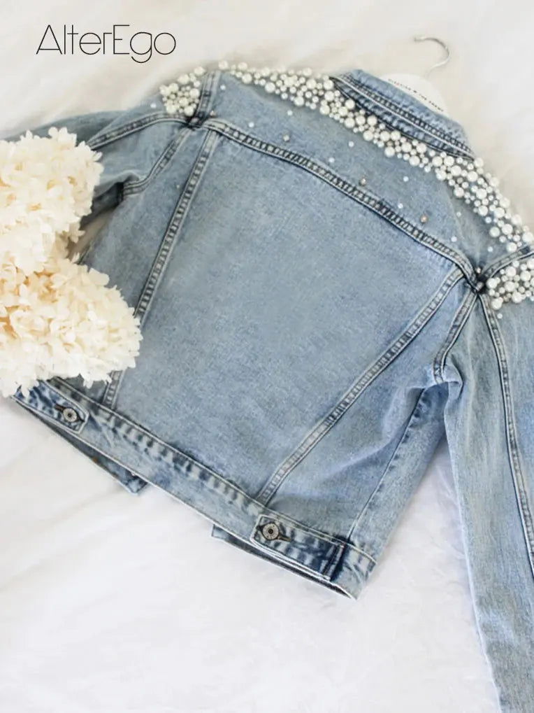 Luxury Pearl Denim Jacket for Brides – Solid Bridal Jean Coat with Pearls, Wedding Outerwear for Women