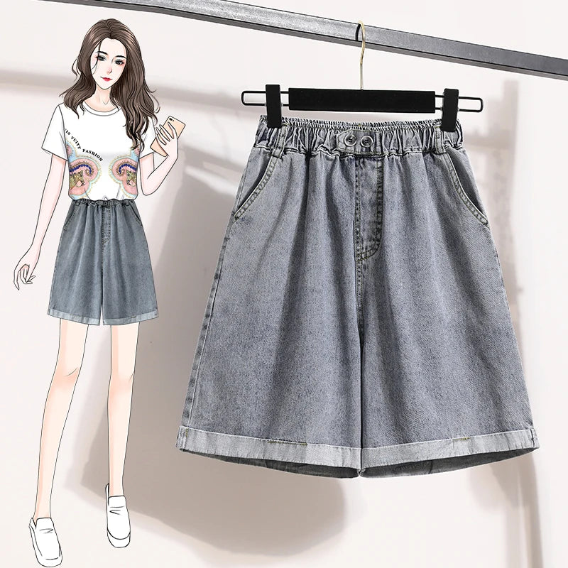 2024 Summer Plus Size Denim Shorts for Women – High Elastic Waist, Crimped Hem, Wide-Leg Loose Fit Streetwear