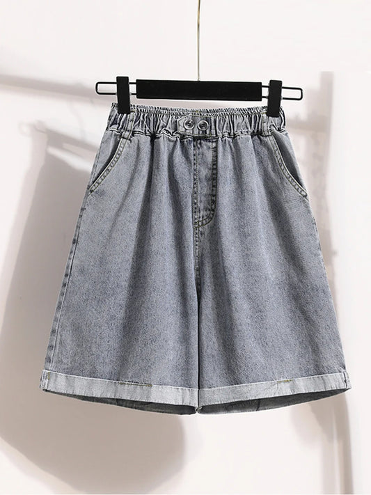 2024 Summer Plus Size Denim Shorts for Women – High Elastic Waist, Crimped Hem, Wide-Leg Loose Fit Streetwear