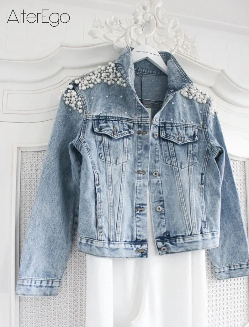 Luxury Pearl Denim Jacket for Brides – Solid Bridal Jean Coat with Pearls, Wedding Outerwear for Women