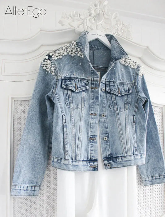 Luxury Pearl Denim Jacket for Brides – Solid Bridal Jean Coat with Pearls, Wedding Outerwear for Women